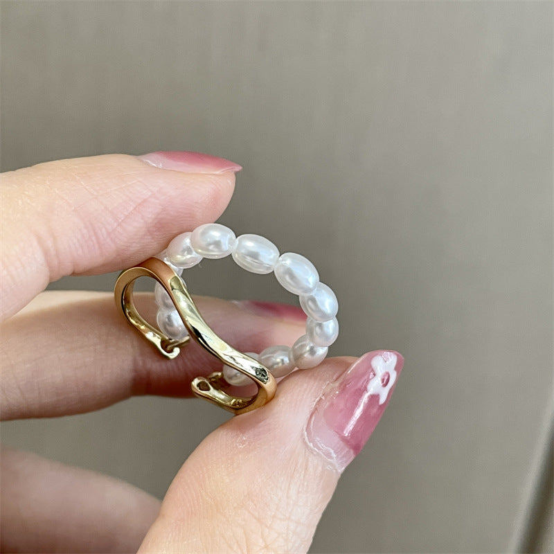 Small Rice-shaped Beads Oval Pearl Ring